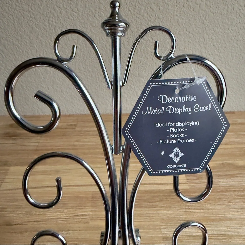 14” Decorative Metal Display Easel Scroll Design Silver Color Plates Books Pics